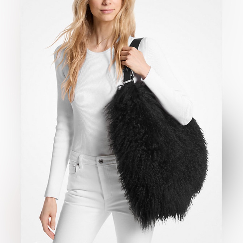 $498 Michael Kors 100% Shearling Mongolian fur Nolita Hobo handbag bag black.